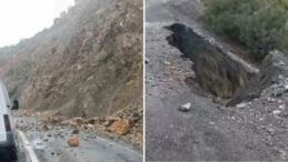 Yağış Sonrası Kaya Parçaları Düşerek Yolda Çökme Oluştu