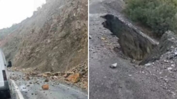 Yağış Sonrası Kaya Parçaları Düşerek Yolda Çökme Oluştu