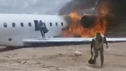 Bakanı taşıyan u&ccedil;ak pistten &ccedil;ıkıp alev aldı