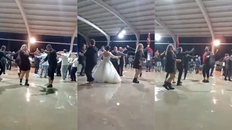 D&uuml;ğ&uuml;n Pistini Sağanak Doldurdu: Gelin ve Damat Suyun İ&ccedil;inde Eğlendi