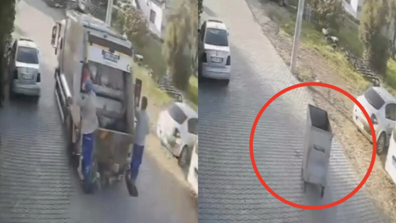 "Beni de alın" der gibi&hellip; Konteyner kamyonun peşine takıldı!