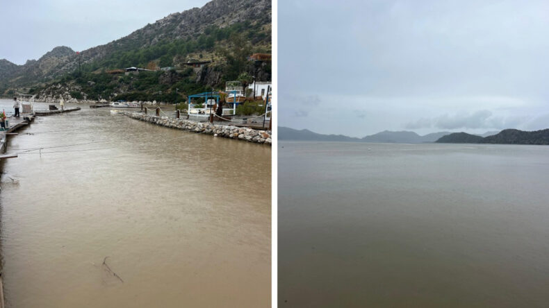 İl&ccedil;eye 24 saatte 60 kilogram yağış d&uuml;şt&uuml;: Dereler taştı, denizin rengi değişti