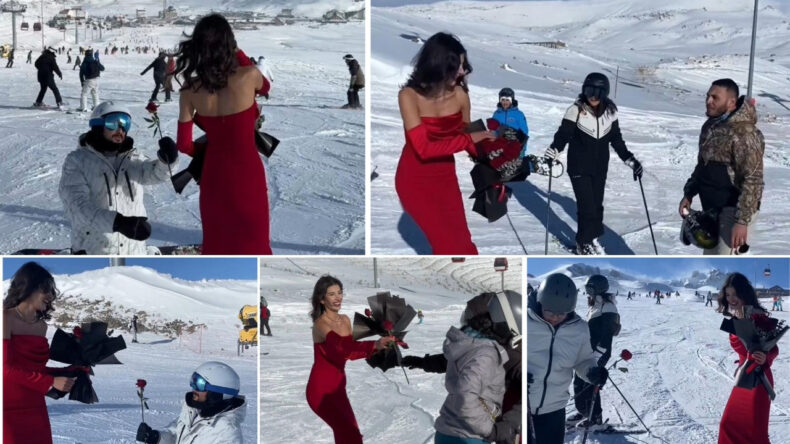 Kırmızı Elbisesiyle Erciyes'te Kayak Yapıp, G&uuml;l Dağıttı