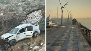 K&ouml;pr&uuml; Korkuluklarını Aşan Otomobil Şarampole U&ccedil;tu: 1 &Ouml;l&uuml;, 2 Yaralı