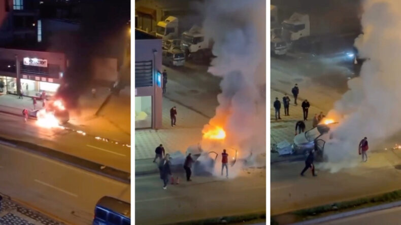 Ara&ccedil; Alev Aldı, Esnaf Yangın T&uuml;pleriyle Koştu