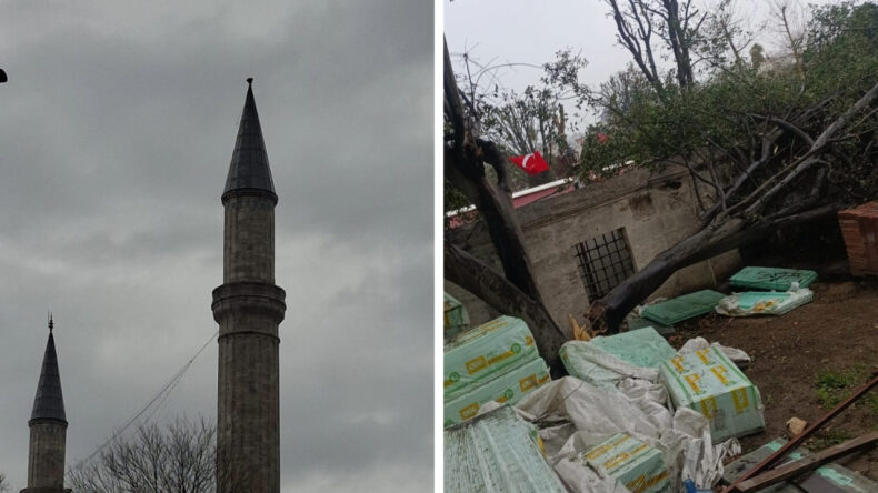 Ayasofya'da Mimar Sinan Minaresi'ne ait alem şiddetli r&uuml;zgar nedeniyle d&uuml;şt&uuml;