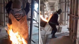 İnşaat Ustasından Soğuğa Karşı İlgin&ccedil; &Ccedil;&ouml;z&uuml;m: Sırtında Ateşle &Ccedil;alıştı