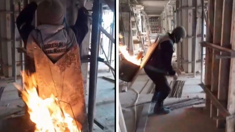 İnşaat Ustasından Soğuğa Karşı İlginç Çözüm: Sırtında Ateşle Çalıştı