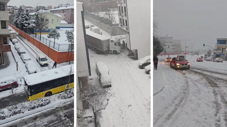 İstanbul'da Kar Fırtınası Trafiği Alt &Uuml;st Etti: İETT Otob&uuml;s&uuml; Mahsur Kaldı, TIR Kaza Yaptı