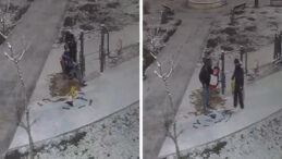 Kar yağarken arkadaşını parka g&ouml;t&uuml;r&uuml;p tıraş etti!