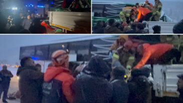 Karlı yolda kayan otob&uuml;s TIR'a &ccedil;arptı