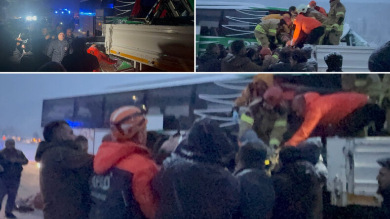 Karlı yolda kayan otob&uuml;s TIR'a &ccedil;arptı