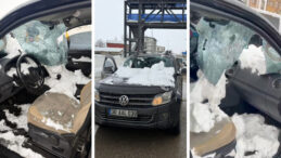 &Uuml;st Ge&ccedil;itten D&uuml;şen Kar K&uuml;tlesi Aracın Camını Patlattı: 1 Yaralı