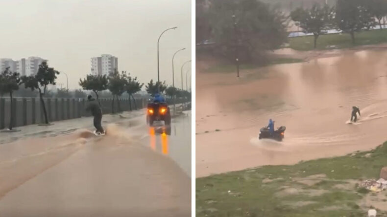 Adana'da Suya Dolu Caddede S&ouml;rf Heyecanı