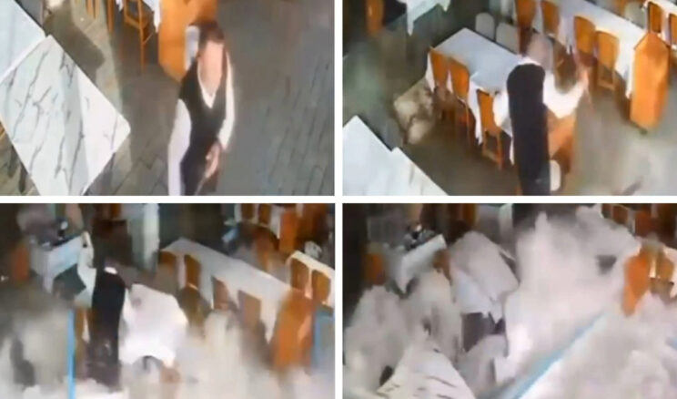 Film Sahnesini Andıran Anlar: Balık Restoranını Vuran Dalga &Ccedil;alışanı S&uuml;r&uuml;kledi