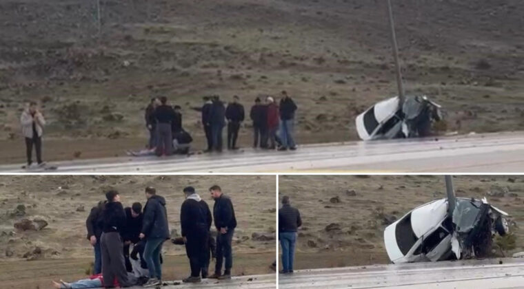 Otomobil Direğe &Ccedil;arptı, İkiye Katlandı