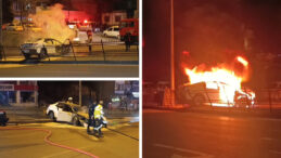 Film sahnesini aratmayan kovalamaca: Polisten ka&ccedil;an otomobil alev aldı