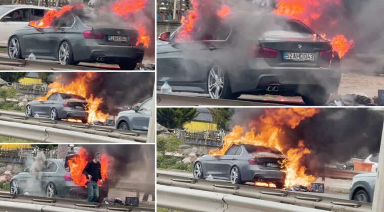 L&uuml;ks otomobil alevlere teslim oldu