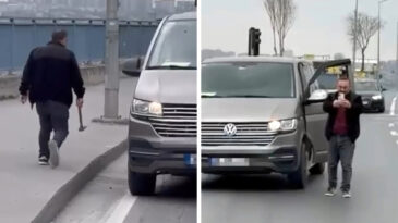 Trafik tartışmasında aracından &ccedil;eki&ccedil;le indi, kamerayı g&ouml;r&uuml;nce geri d&ouml;nd&uuml;