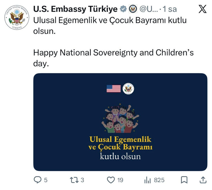 ABD Büyükelçiliği 23 Nisan mesajı