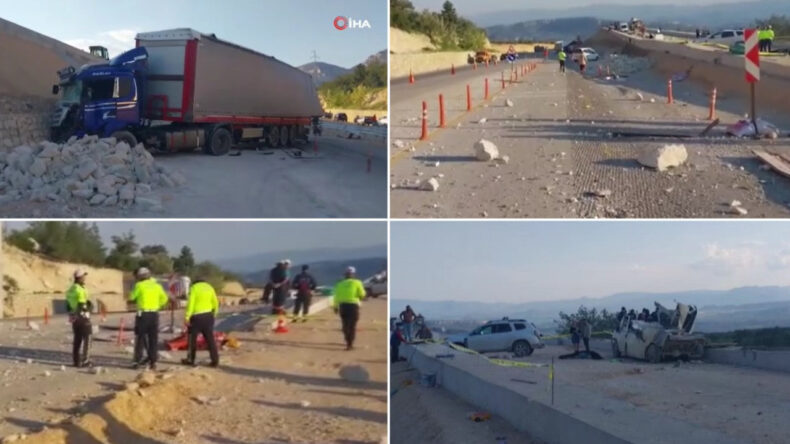 Kaza yapan TIR'dan fırlayan mermerler minib&uuml;s&uuml; par&ccedil;aladı: 1 &ouml;l&uuml;, 3 yaralı